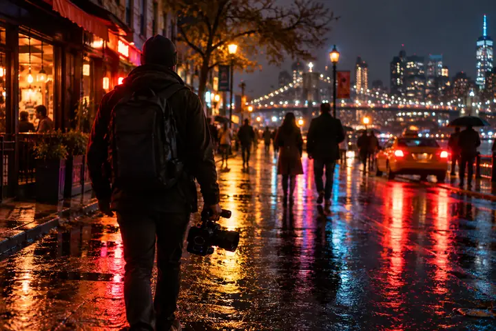 A warm cinematic city street at night with colorful reflections.