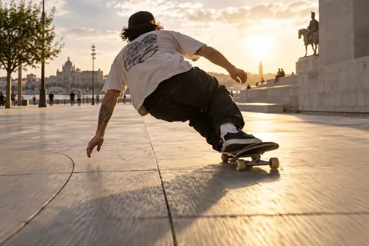 A dynamic skateboarder turning across a sunlit concrete plaza.
