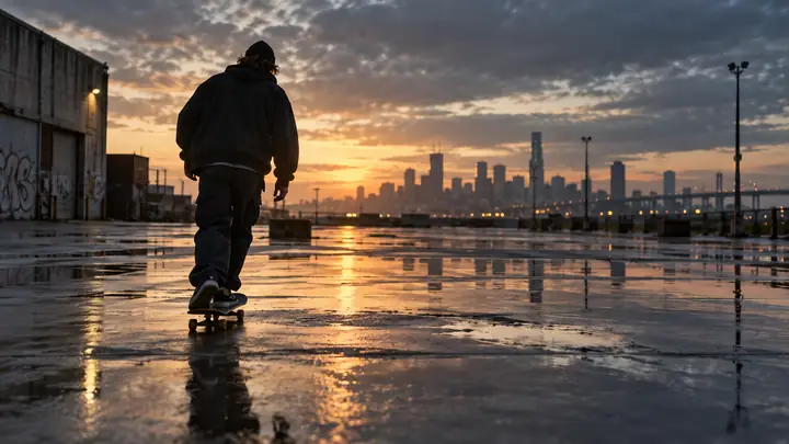 A skateboarder glides across a wet concrete lot in a soft cinematic wide frame.