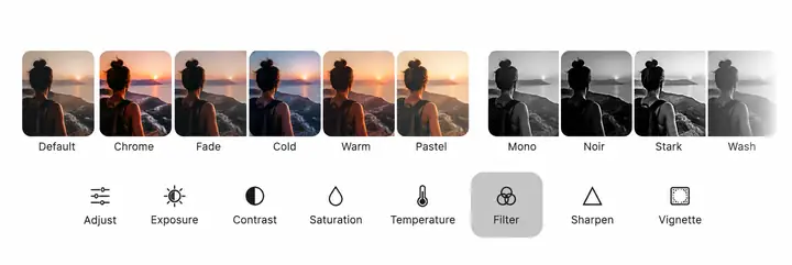 Editvideo filter controls showing color presets and video adjustments.